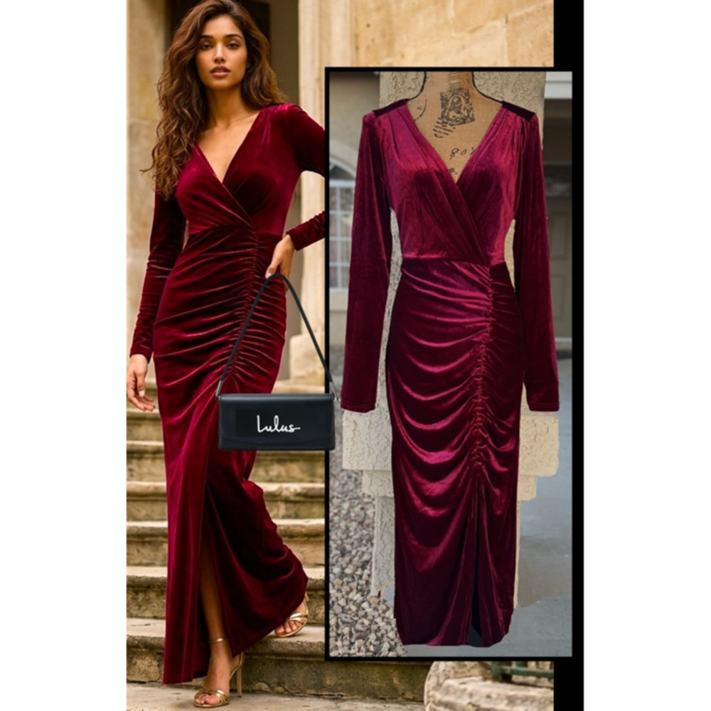 Lulus Burgundy Velvet Ruched Surplice Long Sleeve Yasna Maxi Dress Size XL